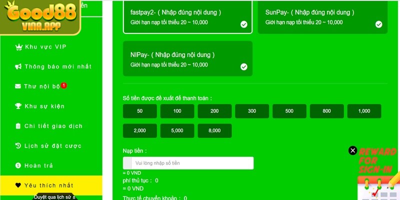 Good88 cũng hỗ trợ thành viên nạp tiền thông qua ví điện tử